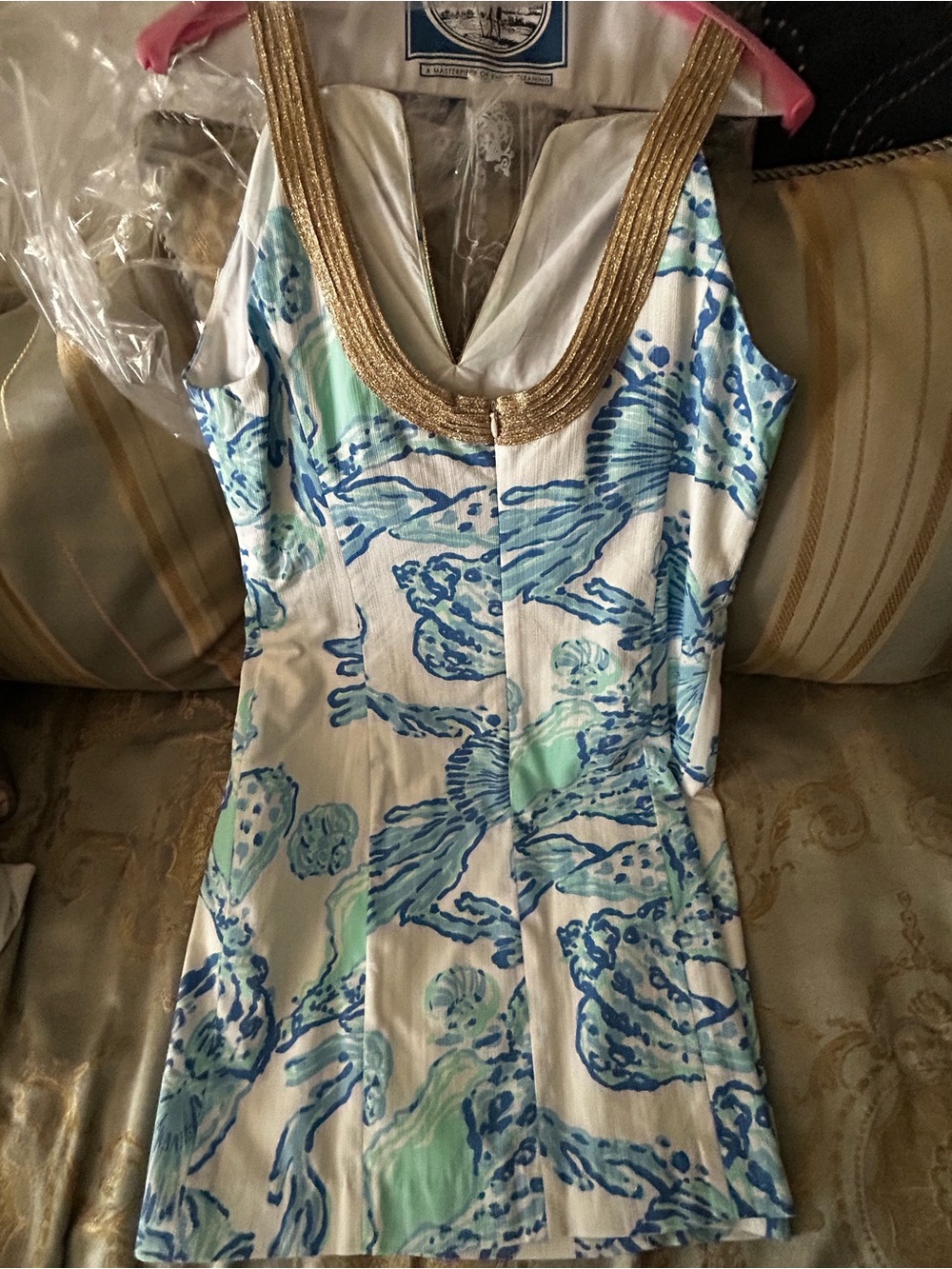 Lilly Pulitzer Blue, Aqua & White Shell-Print Mini Dress with Gold Trim - Picture 2 of 6